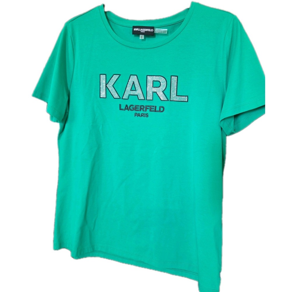 Karl Lagerfeld Green‎ Embroidered Logo Rhinestone Shirt Women's M Stretch NWT